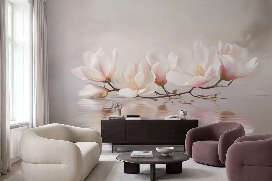 wall murals Magnolia branch with blossoms above calm water reflection w05353v1