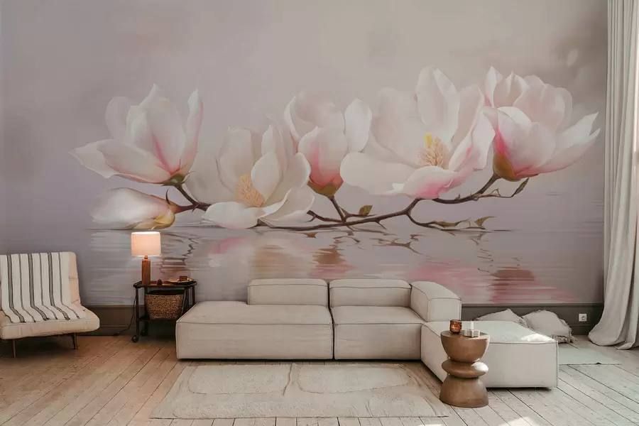 wall murals Magnolia branch with blossoms above calm water reflection w05353v1