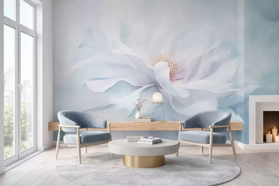 wall murals Soft white flower with flowing petals on blue background w05354