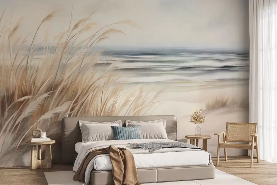 wall murals Textured landscape with dry grass on a sandy beach, with the ocean and sky in the background w09739