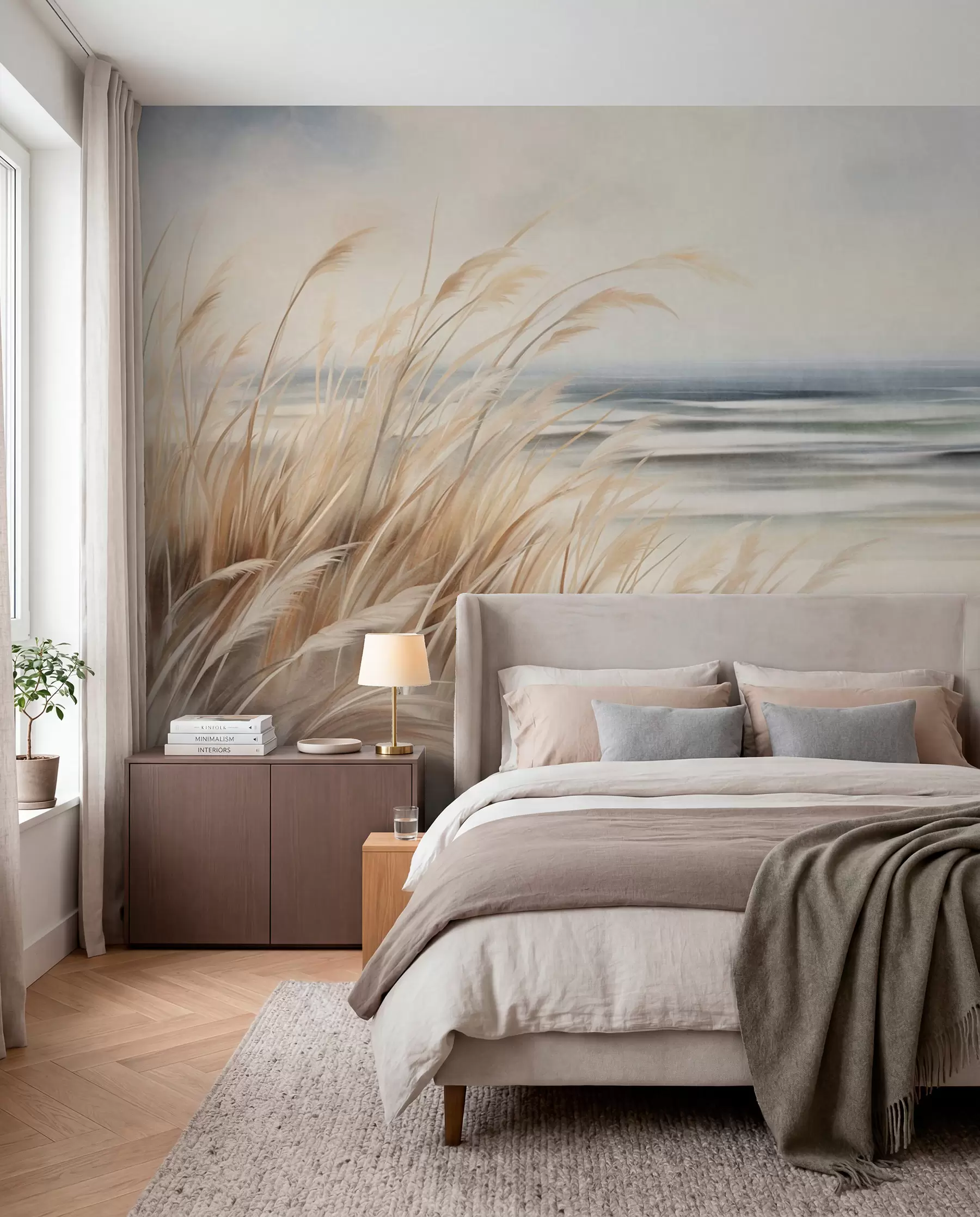 wall murals Textured landscape with dry grass on a sandy beach, with the ocean and sky in the background w09739