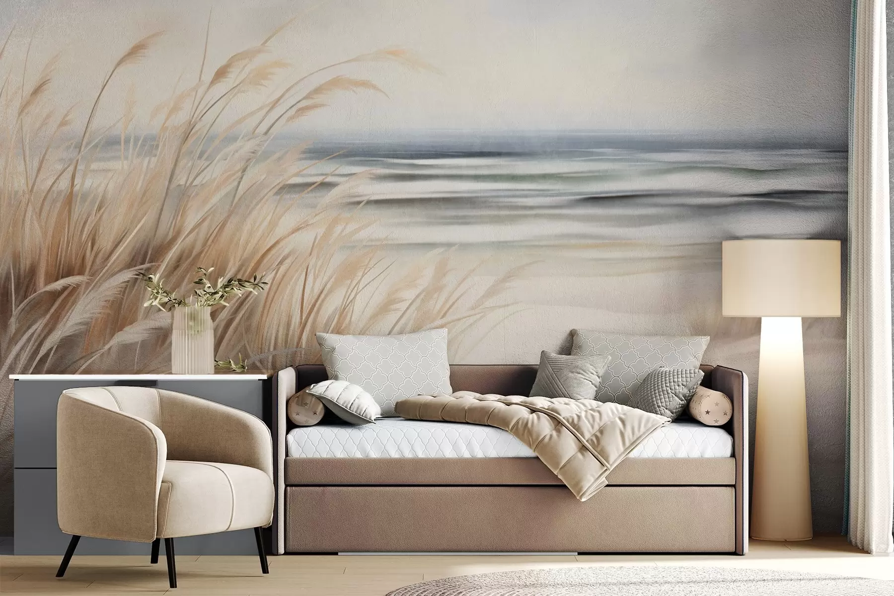 wall murals Textured landscape with dry grass on a sandy beach, with the ocean and sky in the background w09739