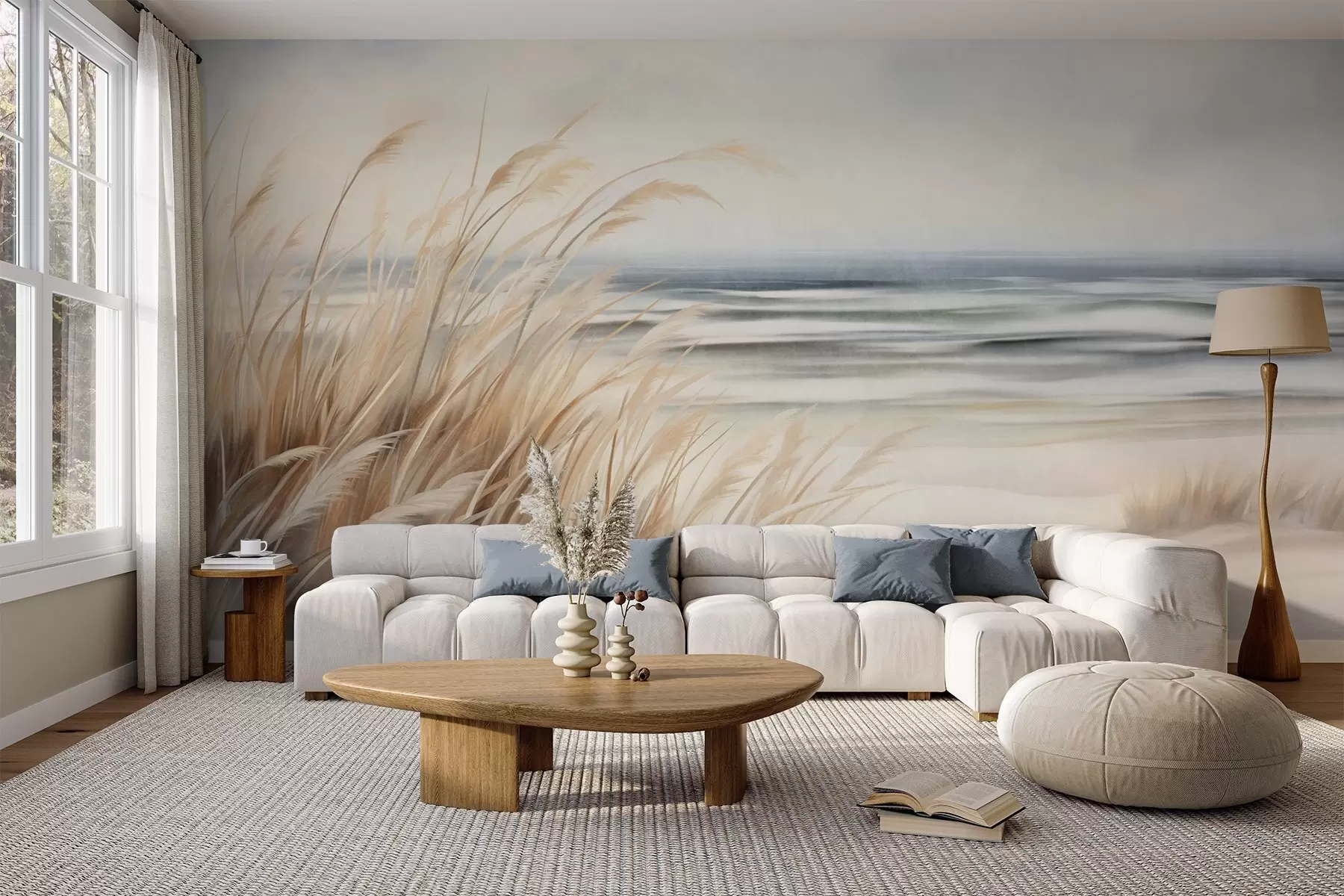 wall murals Textured landscape with dry grass on a sandy beach, with the ocean and sky in the background w09739