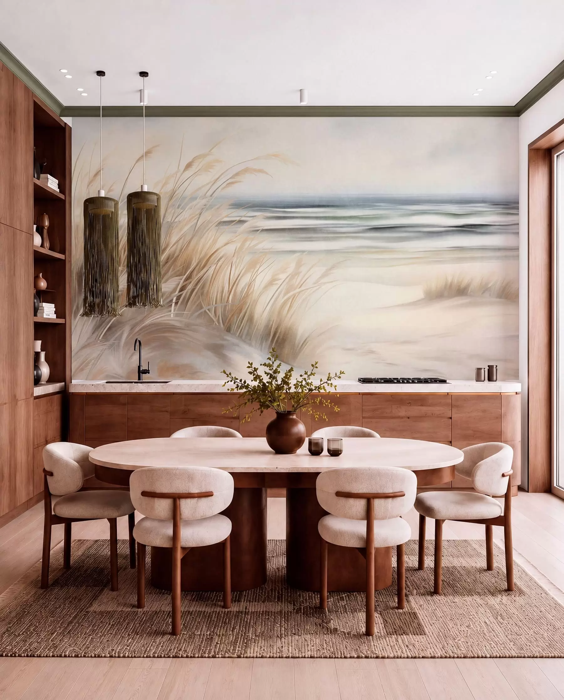 wall murals Textured landscape with dry grass on a sandy beach, with the ocean and sky in the background w09739