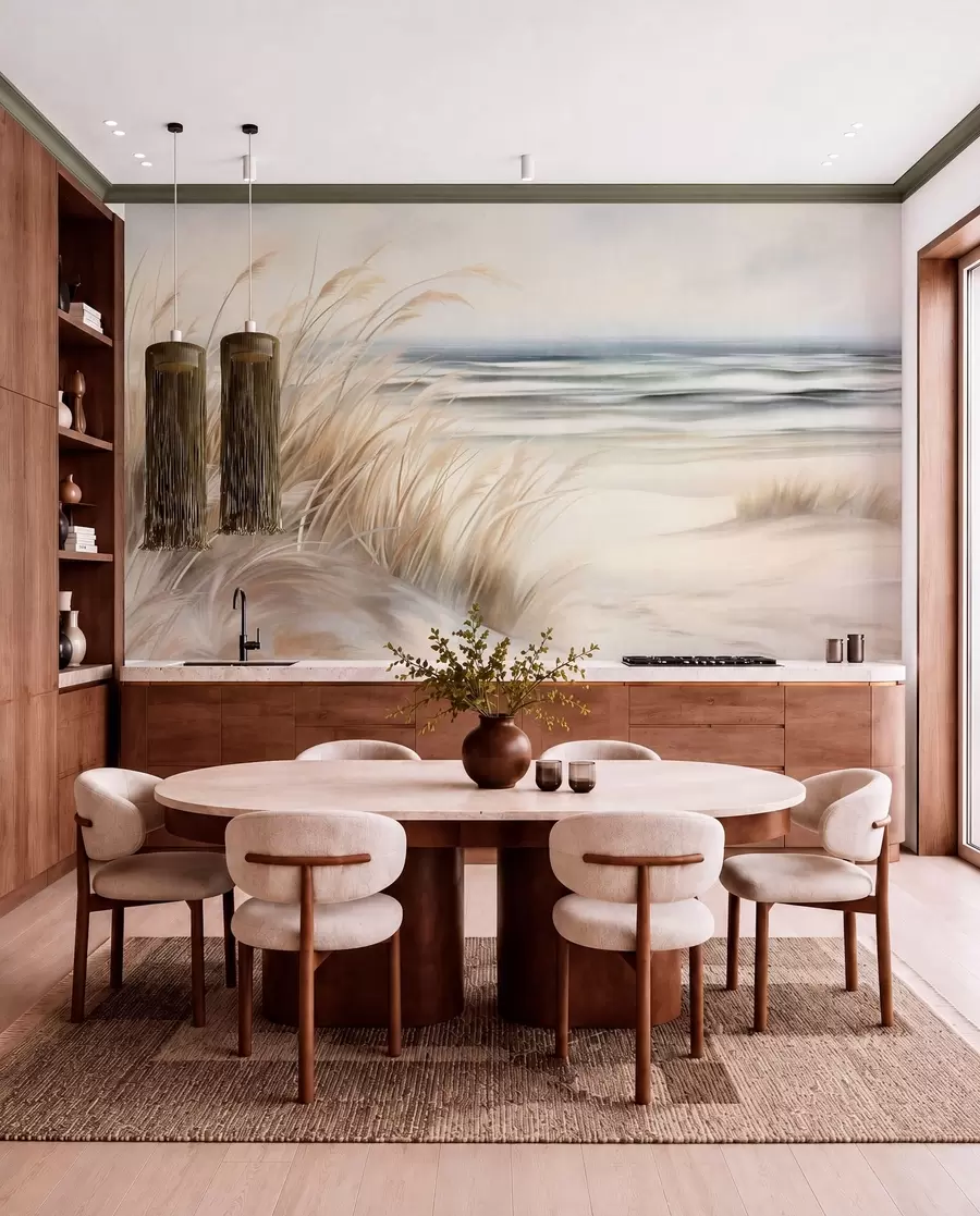 wall murals Textured landscape with dry grass on a sandy beach, with the ocean and sky in the background w09739