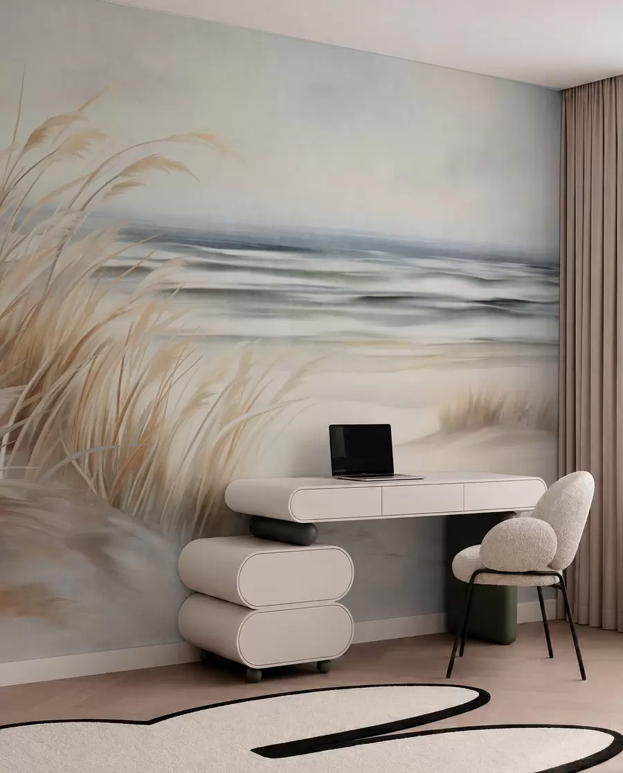 wall murals Textured landscape with dry grass on a sandy beach, with the ocean and sky in the background w09739