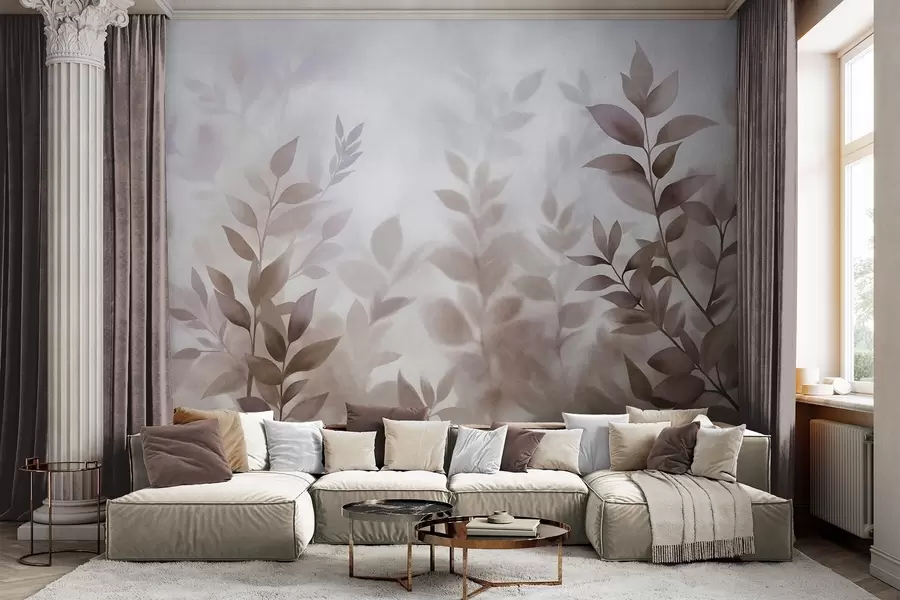 wall murals Delicate branches with muted brown and beige leaves, watercolor painting style, textured art w09750