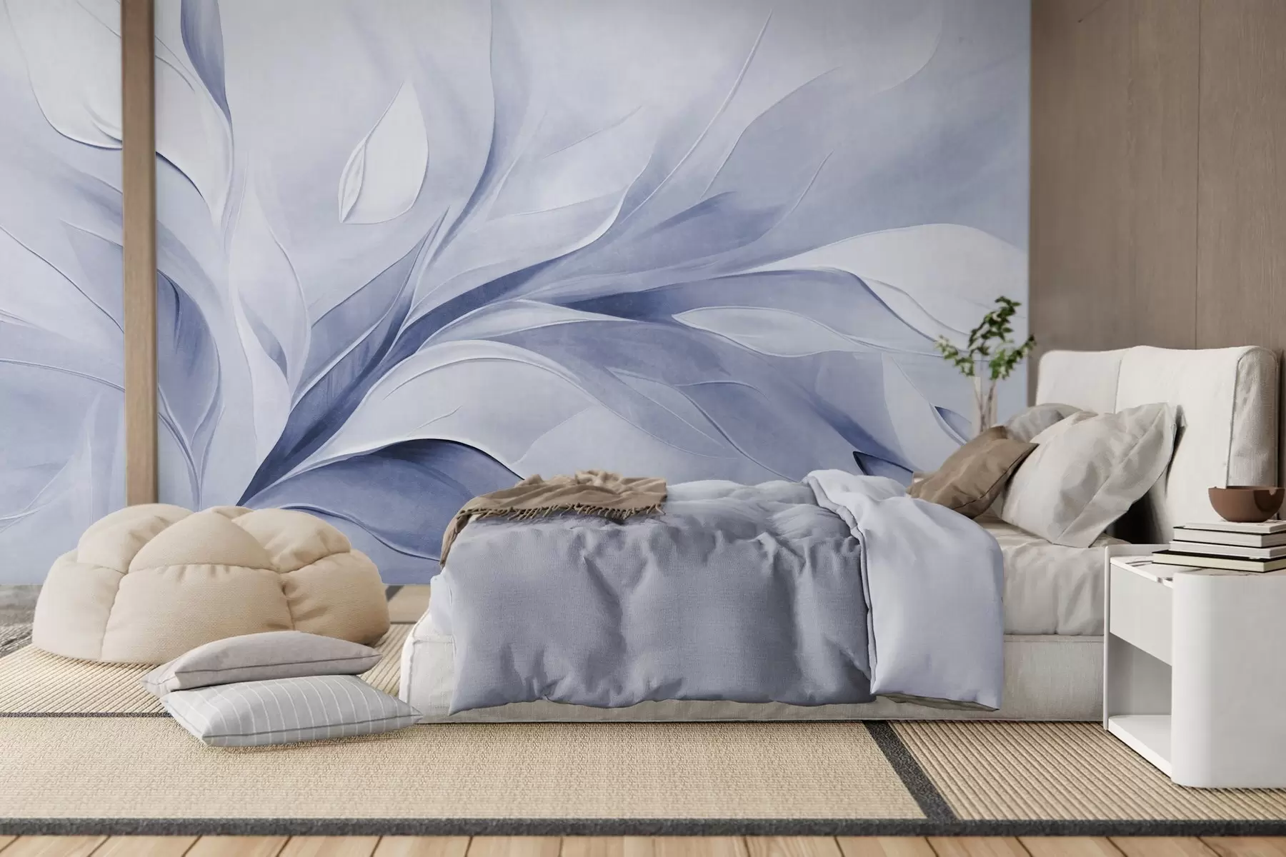 wall murals Abstract textured painting style of pale blue and white flowing leaves w09765