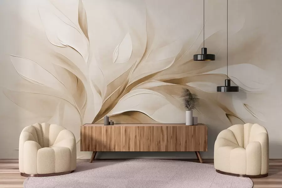 wall murals Abstract textured painting style of beige and white flowing leaves w09765v1