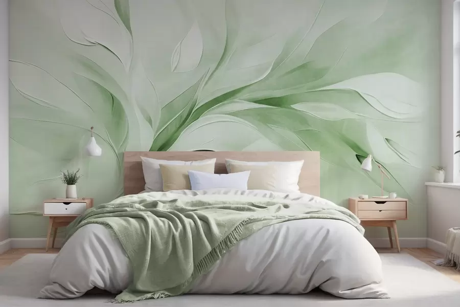 wall murals Abstract textured painting style of green and white flowing leaves w09765v2