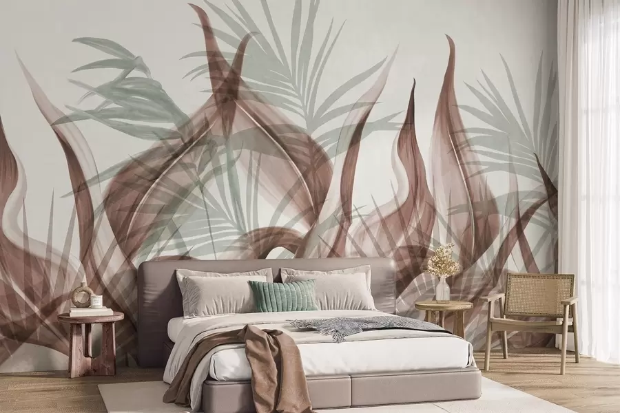 wall murals Tropical leaves in shades of brown and green against a white background, textured watercolor style w09772