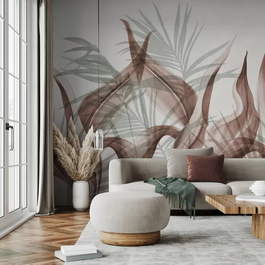wall murals Tropical leaves in shades of brown and green against a white background, textured watercolor style w09772