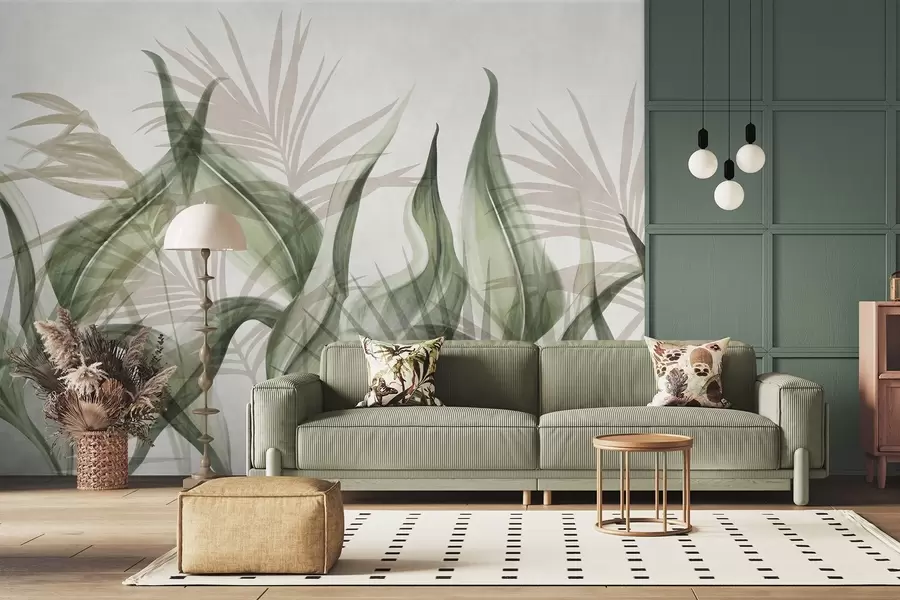 wall murals Tropical leaves in shades of beige and green against a white background, textured watercolor style w09772v1
