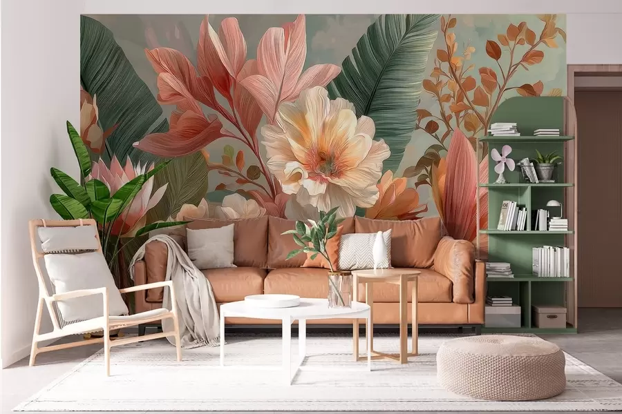 wall murals Flowers with leaves w05378