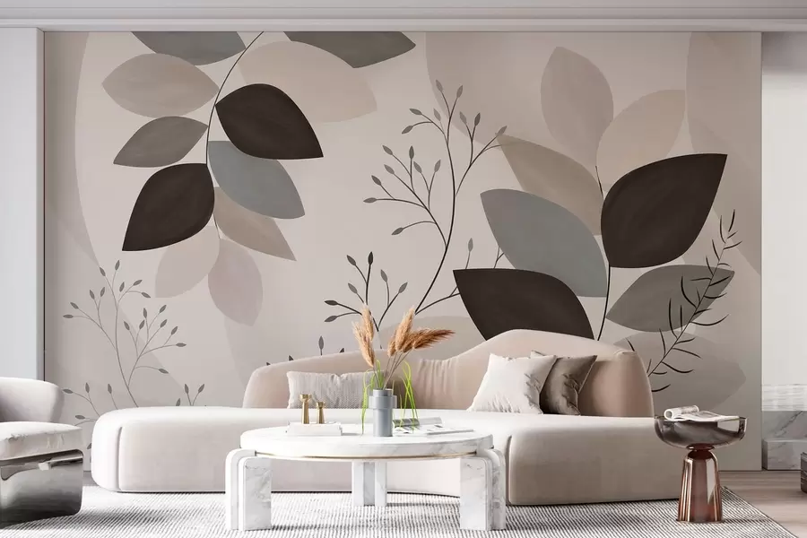 wall murals leaves and grasses in shades of beige, grey and brown w05237