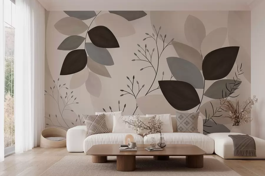 wall murals leaves and grasses in shades of beige, grey and brown w05237