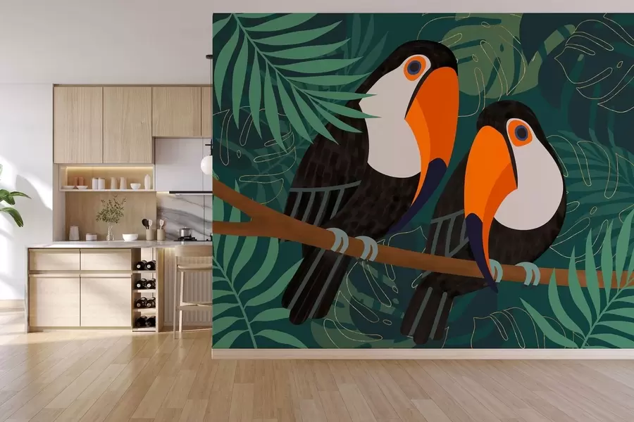 wall murals pair of toucans on a branch in Afro style w05239