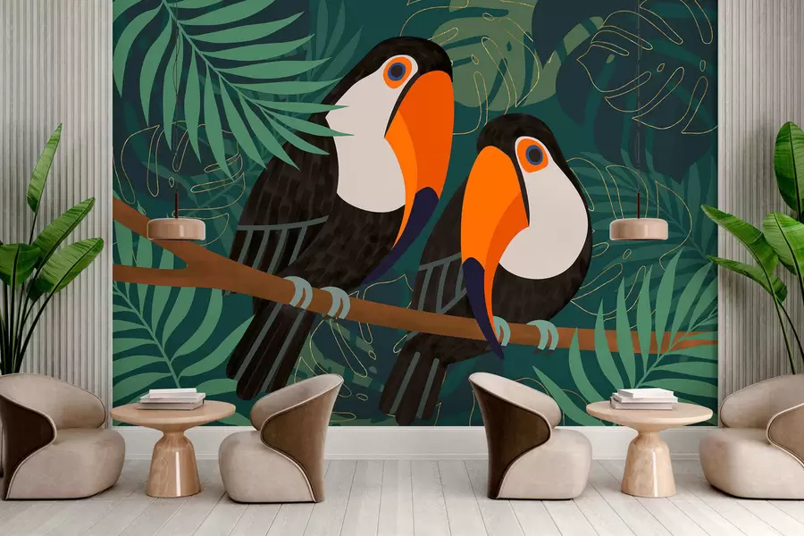 wall murals pair of toucans on a branch in Afro style w05239