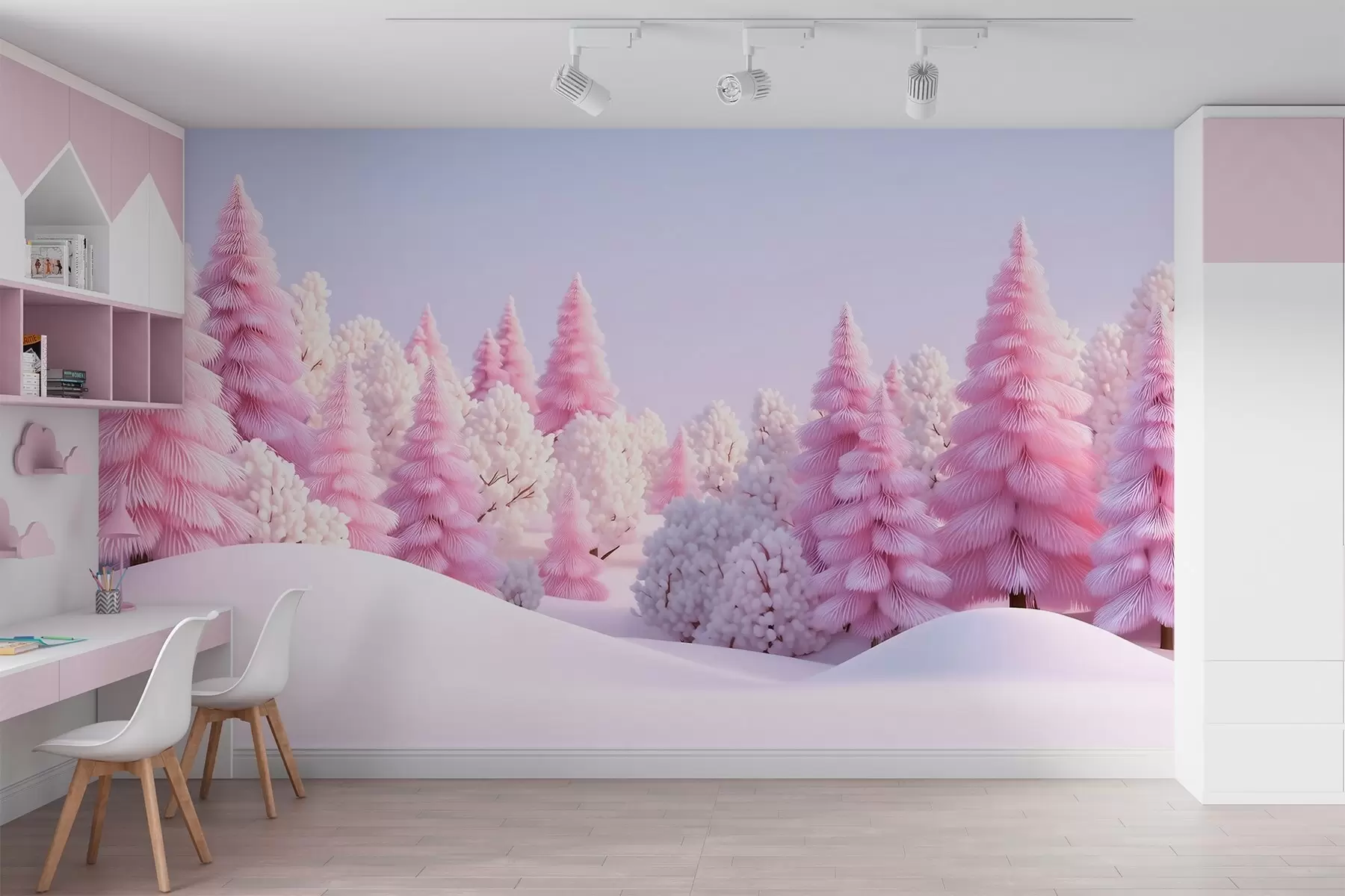 wall murals Snowy winter forest in pink tones w09654