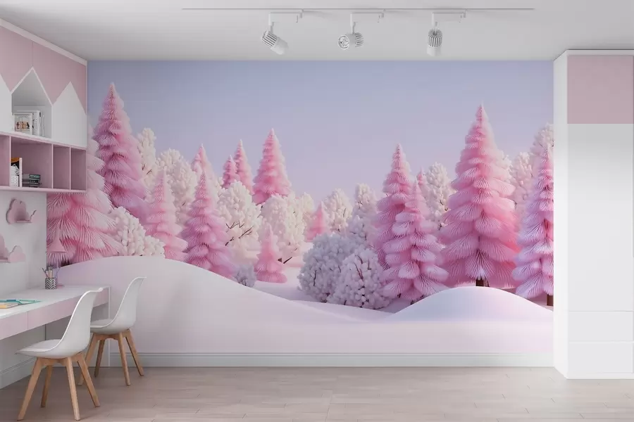 wall murals Snowy winter forest in pink tones w09654