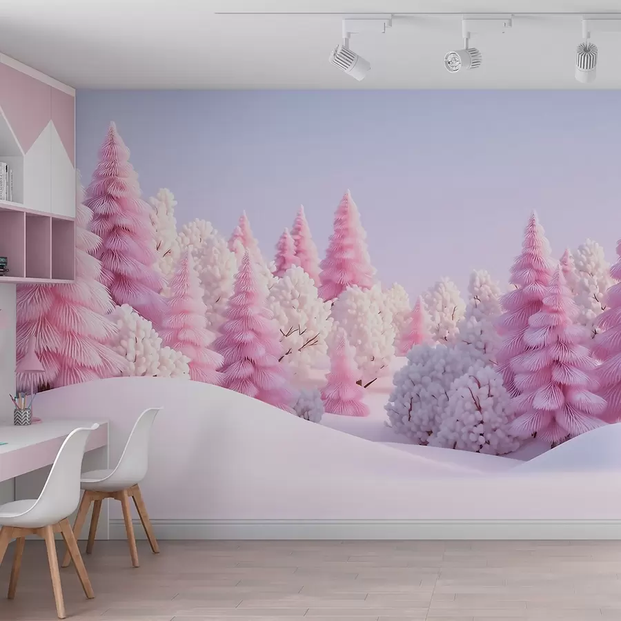 wall murals Snowy winter forest in pink tones w09654