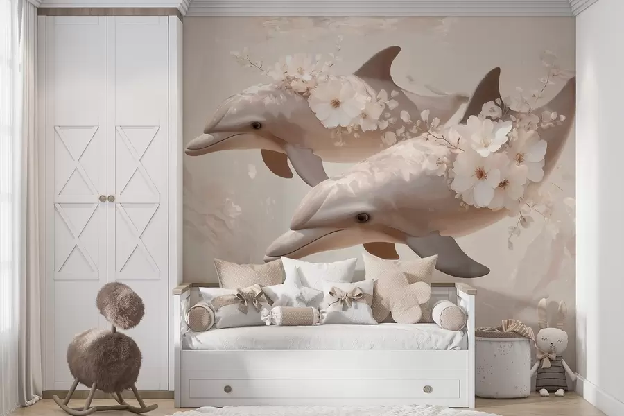 wall murals Dolphins in an ocean of delicate flowers and soft light w09666