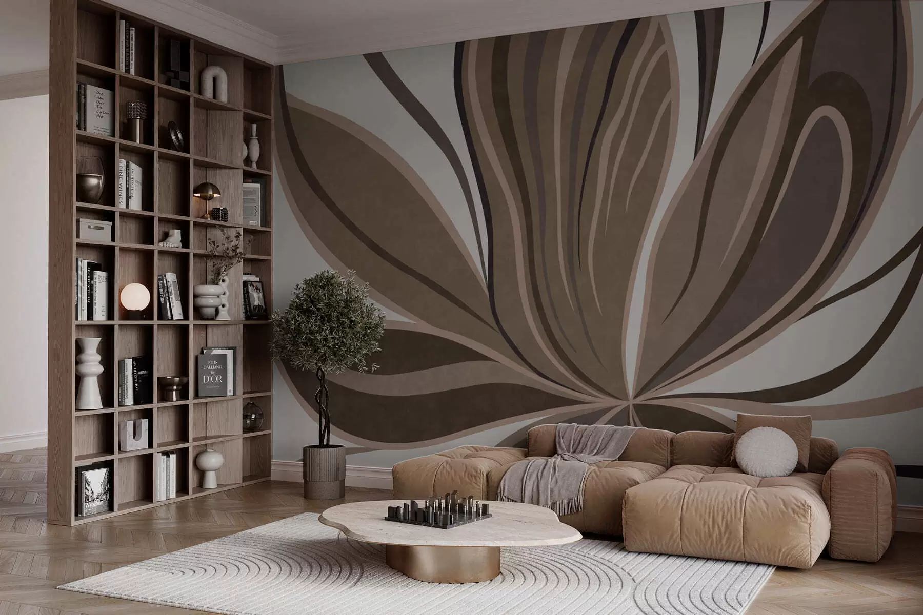 wall murals Stylized flower with flowing lines in brown tones w05147