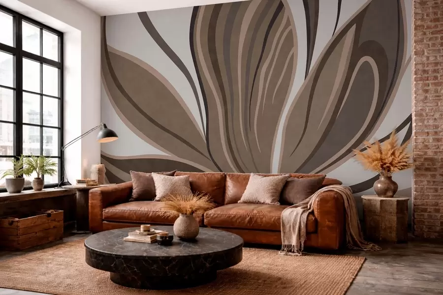 wall murals Stylized flower with flowing lines in brown tones w05147