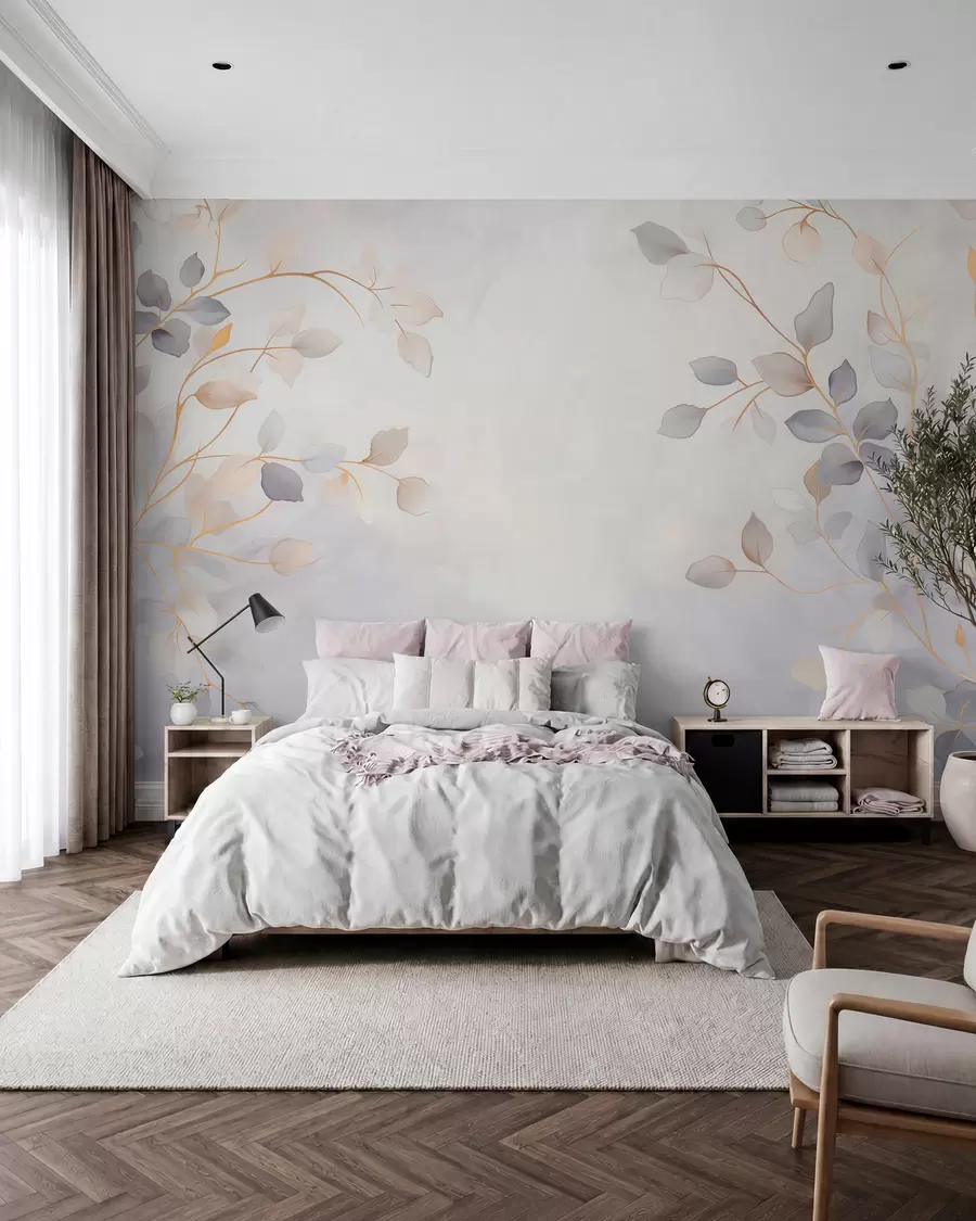 wall murals Delicate leafy branches on a soft blurred background w05296