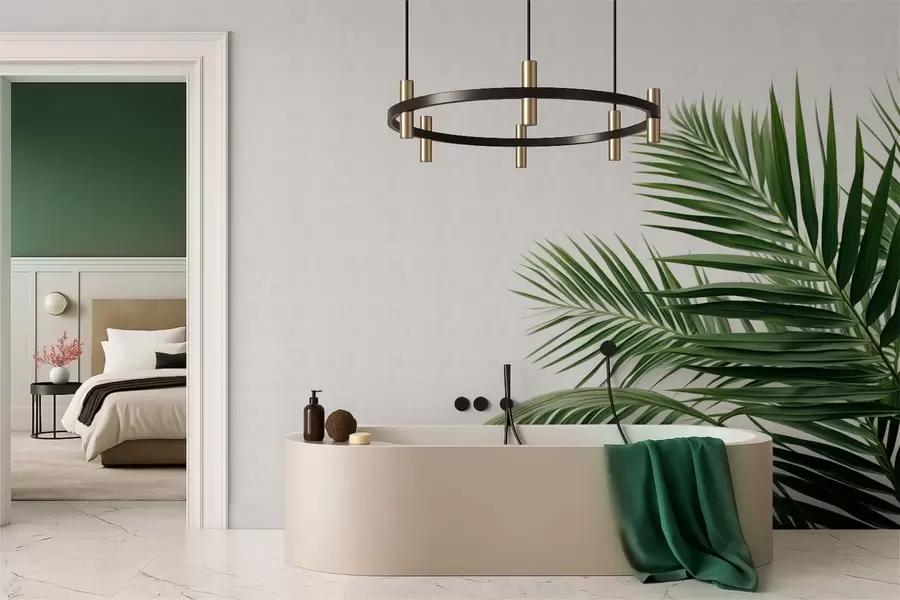 wall murals Green palm leaves on a light background w05391