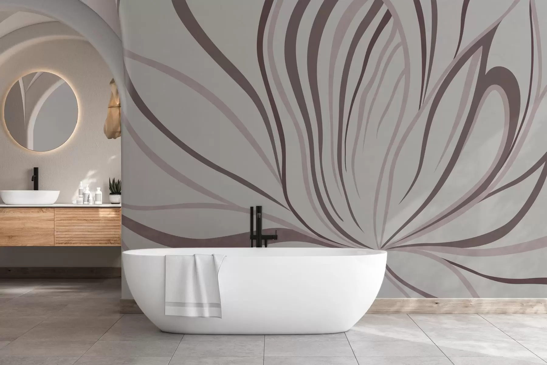 wall murals Stylized flower with soft lines in pink beige tones w05392v1