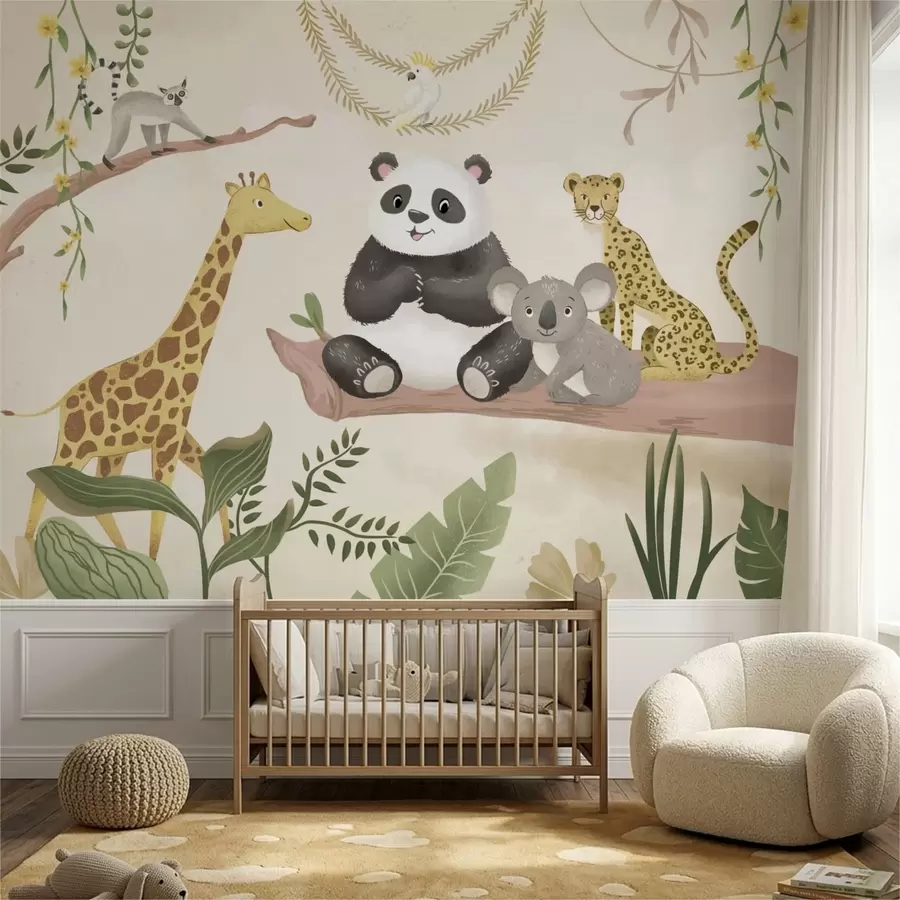 wall murals Cute jungle animals on a branch among plants w05393