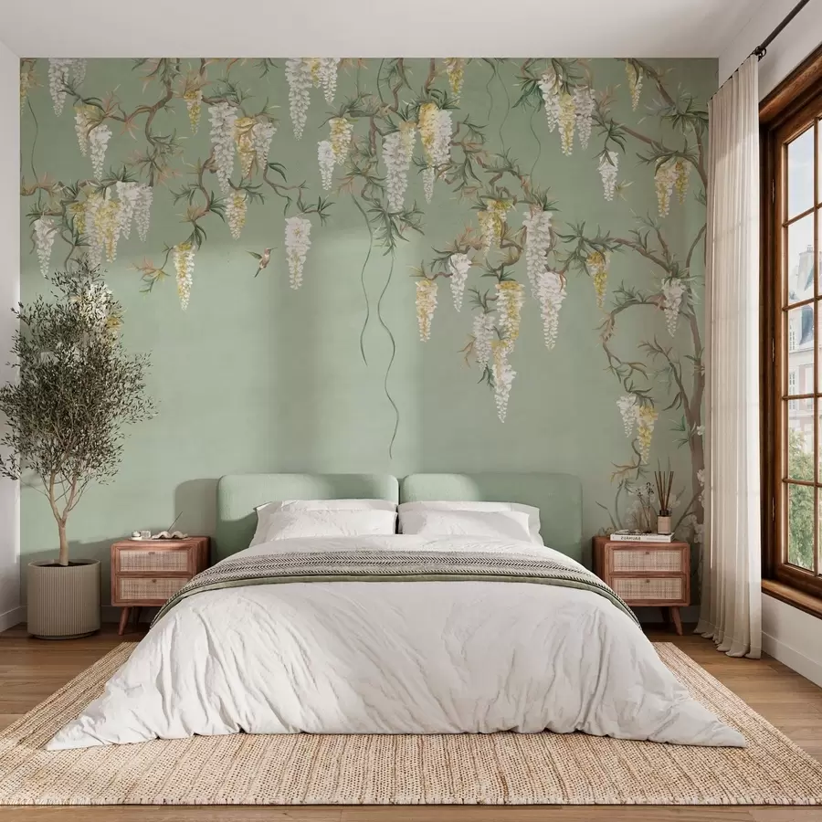 wall murals Flowering branches with white blossoms and birds on green w05394