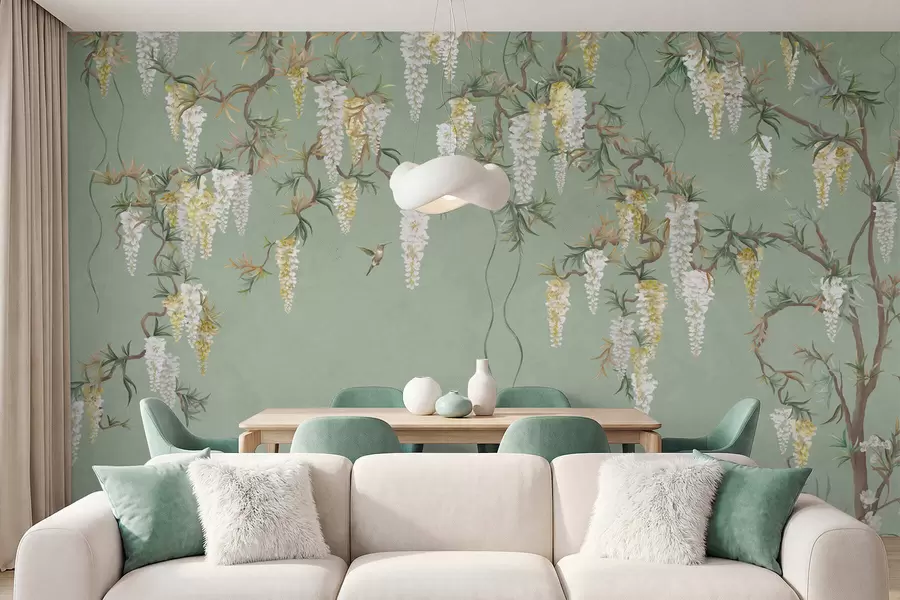 wall murals Flowering branches with white blossoms and birds on green w05394