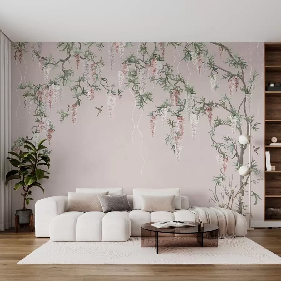 wall murals Flowering branches with pink blossoms and birds w05394v1