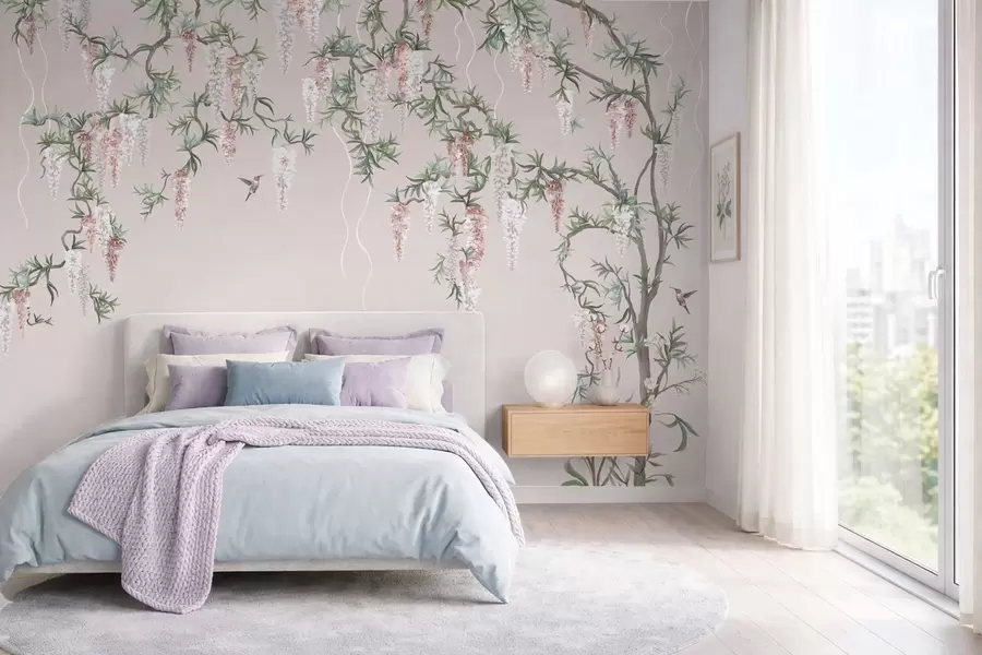 wall murals Flowering branches with pink blossoms and birds w05394v1