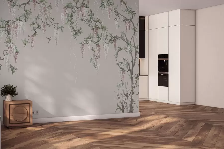 wall murals Flowering branches with pink blossoms and birds w05394v1