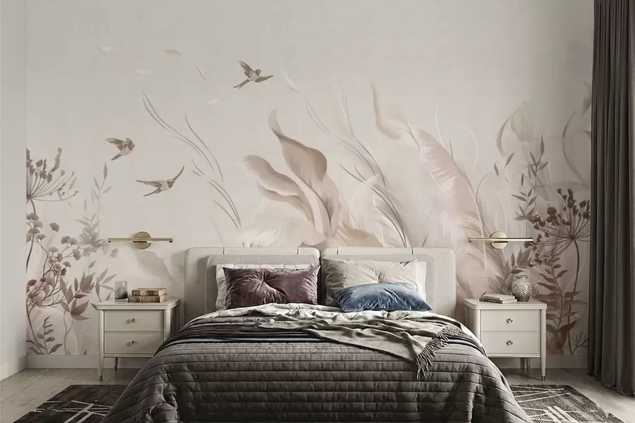 wall murals Soft feathers, grasses and birds in light tones w05395