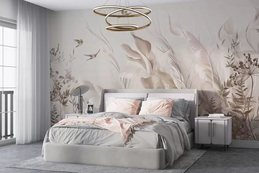 wall murals Soft feathers, grasses and birds in light tones w05395