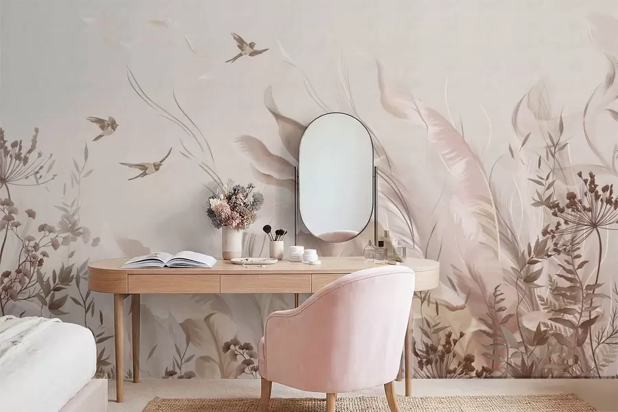 wall murals Soft feathers, grasses and birds in light tones w05395