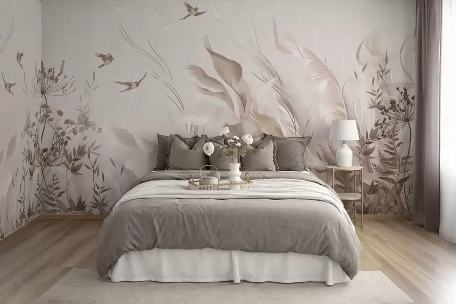 wall murals Soft feathers, grasses and birds in light tones w05395