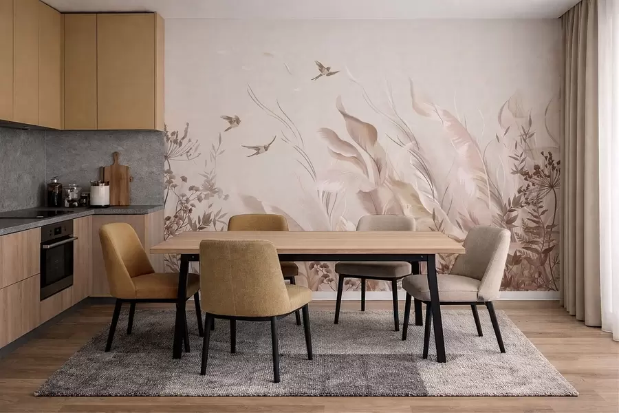 wall murals Soft feathers, grasses and birds in light tones w05395
