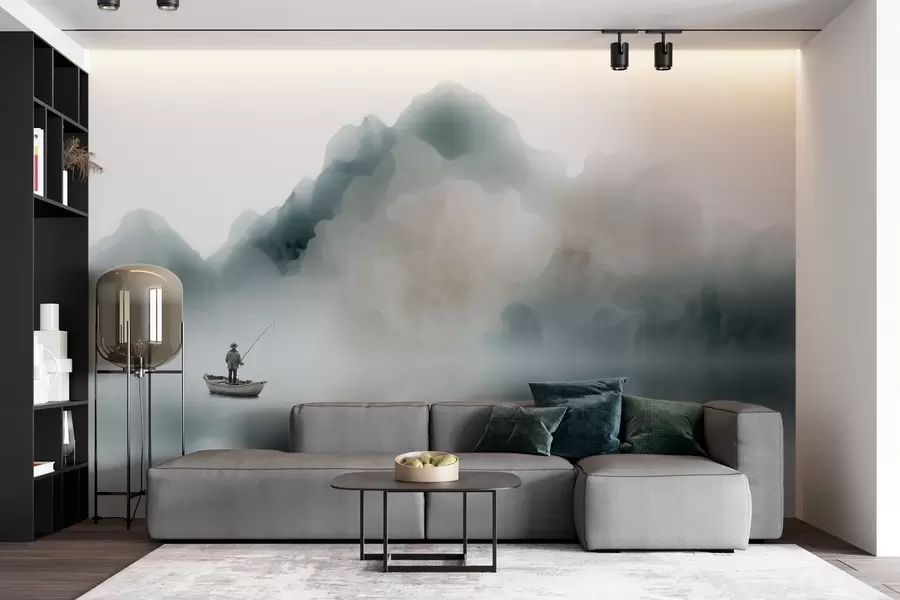 wall murals Mountain landscape with a boat and fisherman dissolving into soft mist w09678