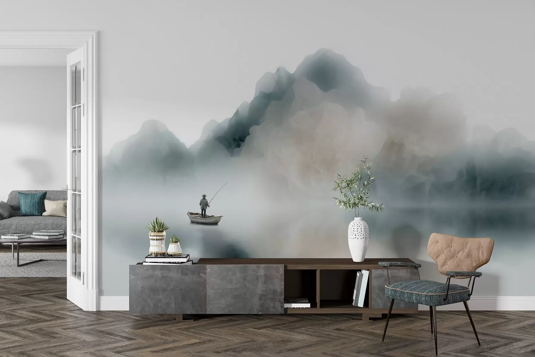 wall murals Mountain landscape with a boat and fisherman dissolving into soft mist w09678