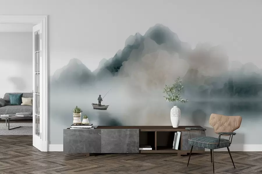 wall murals Mountain landscape with a boat and fisherman dissolving into soft mist w09678