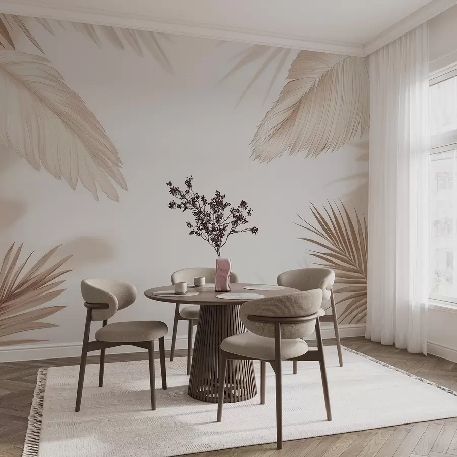 wall murals Beige tropical decor with palm leaf silhouettes and soft shadows w09714