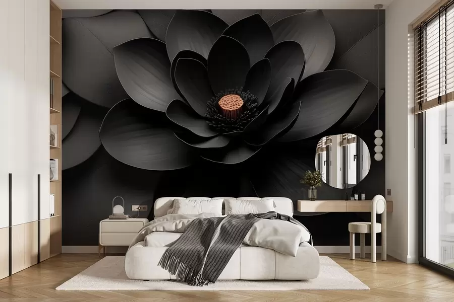 wall murals Minimalist black flower with petals and a contrasting warm center w09721