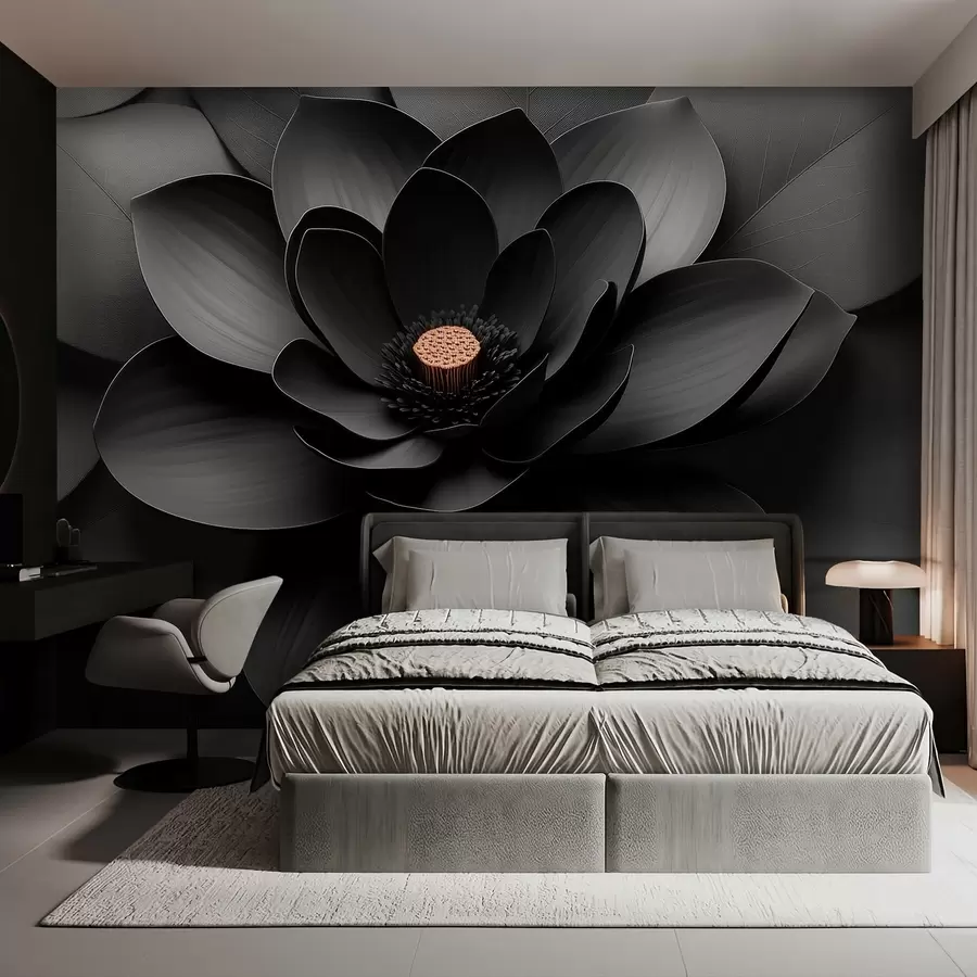 wall murals Minimalist black flower with petals and a contrasting warm center w09721