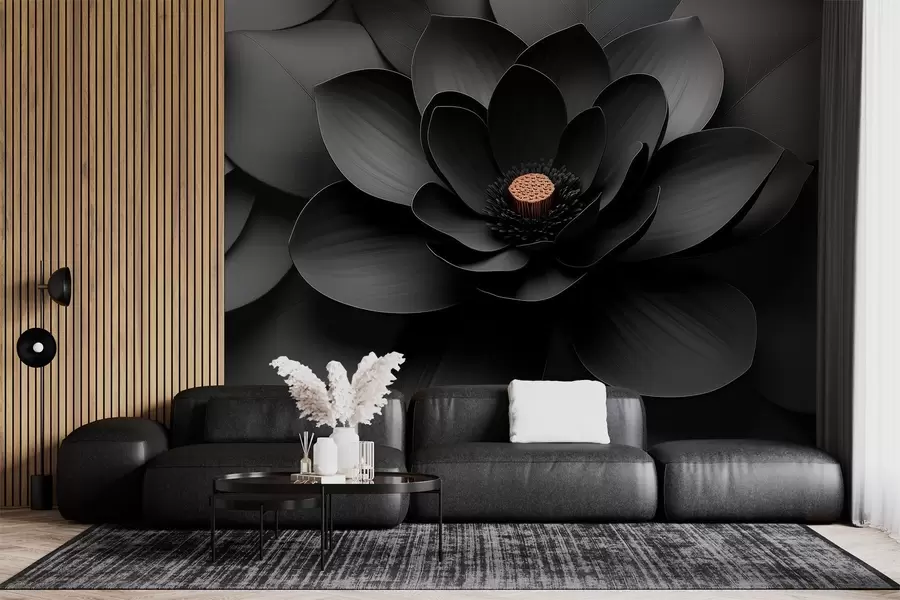 wall murals Minimalist black flower with petals and a contrasting warm center w09721