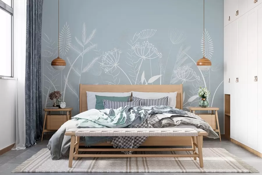 wall murals delicate hand-painted wild grasses and flowers against a grey-blue background w05383